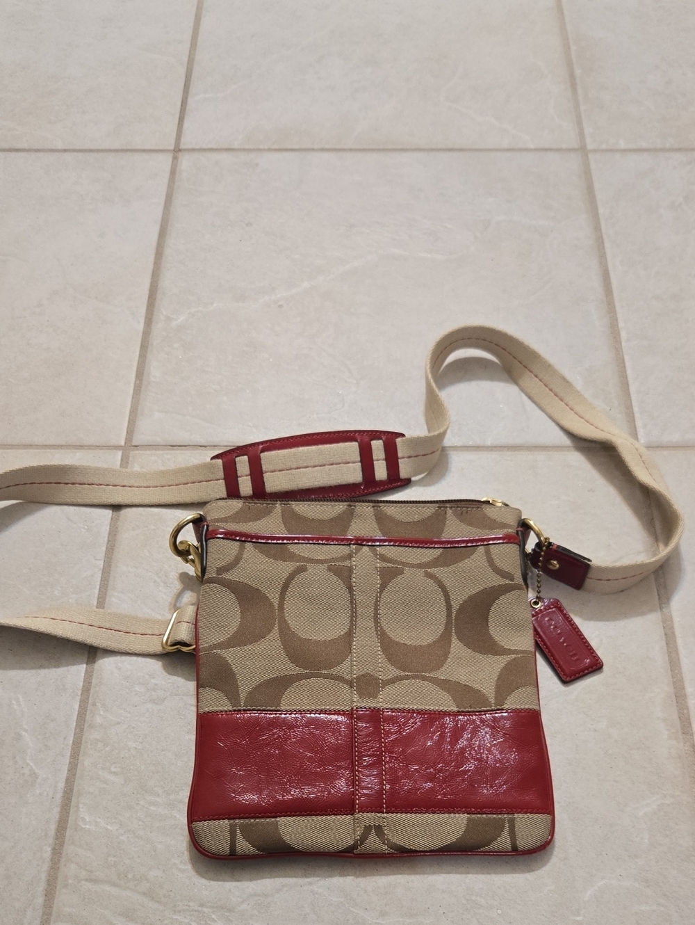Coach Signature Canvas Crossbody Bag in Khaki & Red